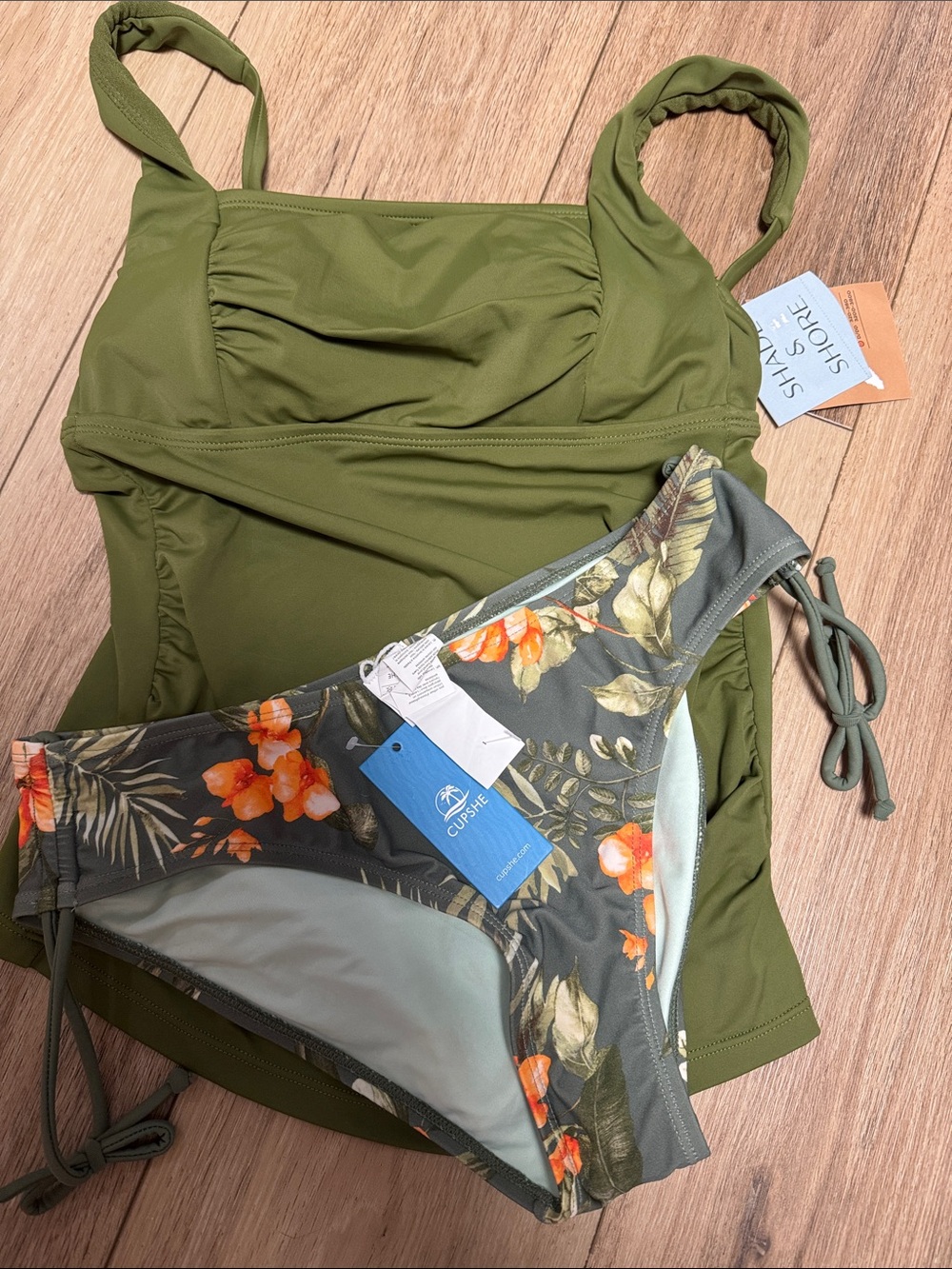 Cupshe & shade and shore  Olive Green Tankini top Floral Tie-Side Bikini Bottom